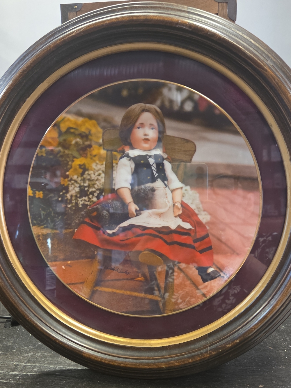 VUNTAGE 1980S  Decorative Doll ELISE IN DARK WOOD FRAME BY ARTIST MILDRED SEELEY